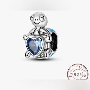 Sterling Silver 925 Hugging Heart Turtle Charm with Blue Gemstone